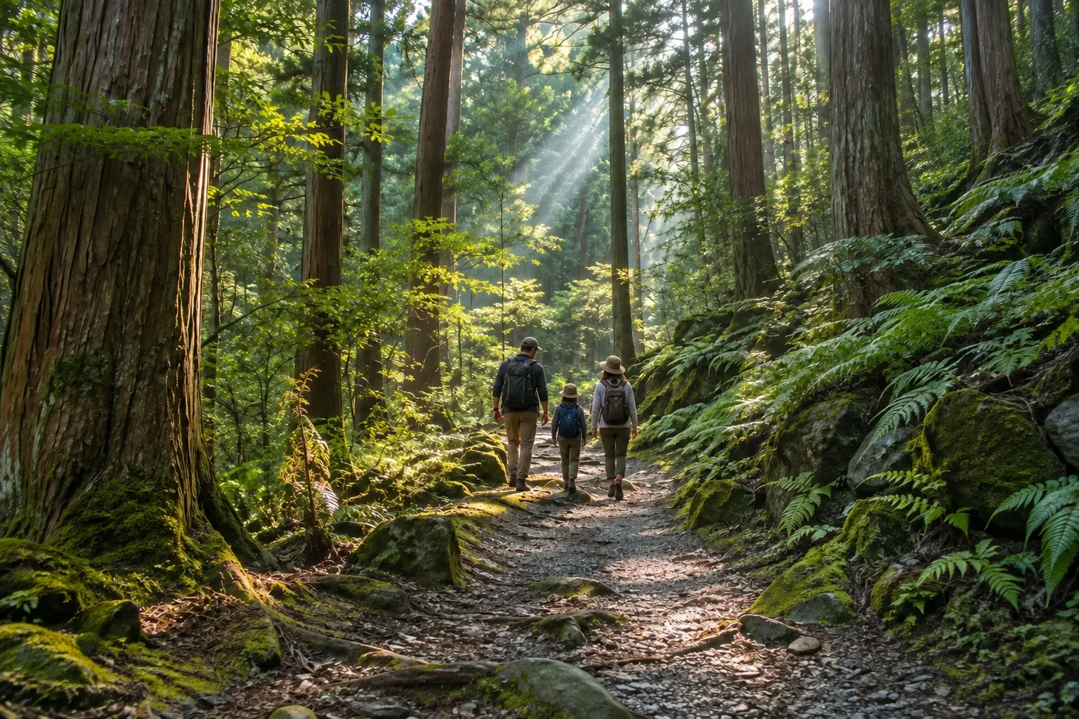 Illustration of two adults and a child walking a sunlit forest trail