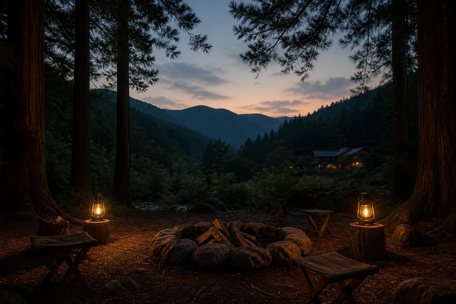 A cedar forest clearing at dusk with a small campfire and lanterns