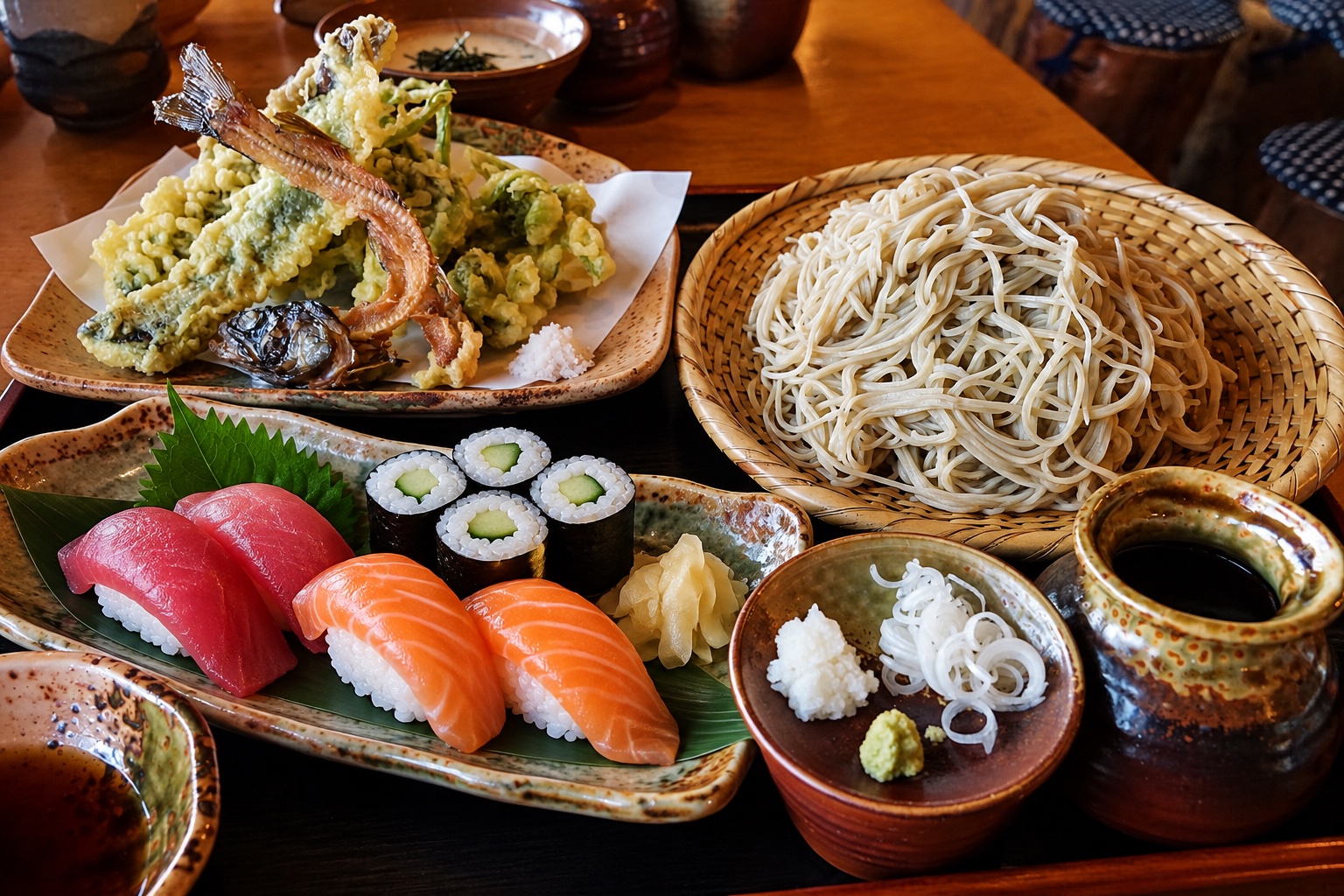 Sushi, soba noodles and tempura arranged on a Japanese restaurant table